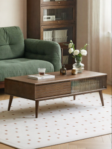 WEISHA | Retro Style Glass Sliding Door Storage Wooden Coffee Table