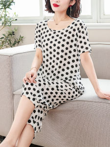Bourette Suit Womens Summer Thin Outwear Fashion Polka-Dot Loose-Fitting Ladieswear Short Sleeve Pants Casual Pajamas Two-piece Set