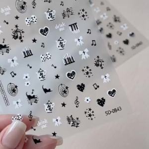 1Pcs 5D Black White Music Note Piano Keys Nail Stickers Star Polka Dot Bow Flower Self Adhesive Nails Decal Sweet Manicure Decor