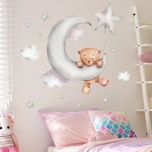 Bear Moon Clouds Stars Wall Stickers For Baby Kids Room Bedroom Background Home Decoration Living Room Wallpaper Nursery Sticker