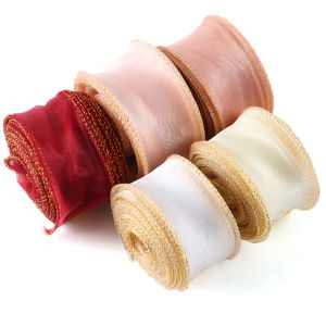 (10 Yards/pack) 4cm Gold Edged Fishtail Ribbon Organza Fresh Flower Tie Ribbons Cake Decoration Gift Box Packaging Bow DIY Lace