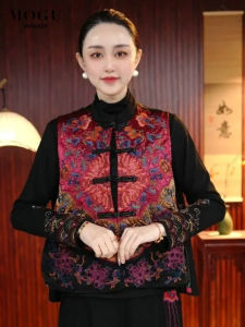 Retro Style Embroidered Jacket Satin Surface Floral Pattern Sleeveless Button Detail Color Block Outerwear for Middle-Aged Women