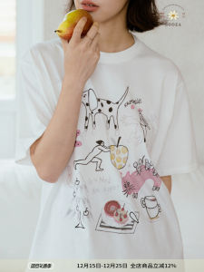 Summer Fantasy Hand-drawn Fun Print Loose Cotton T-shirt Womens Casual round Neck Short Sleeve Thin Fabric Pure Cotton T-shirt