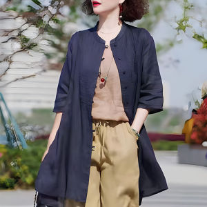 UYFY | Retro Accordion Pleat Flax Shirt Womens Mid-Length Casual Half Sleeve Large Size Outerwear Top New Chinese Style Summer