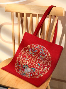 High-End Embroidered Canvas Tote Bag Womens Bucket Bag Artistic Large Capacity Canvas Bag Chinese New Style Handbag Shoulder Bag