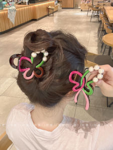 Elegant Color Block Butterfly Knot Pearl Hair Clip Womens New Style Back of Head Shark Clamp for Half up Do Hair Accessories