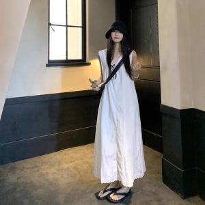 QIAONIAOGE | White Lace Hem Loose Simple V-neck Long Sleeveless Dress Women Summer Casual High Waist A-line Skirt Elegant Stroll Dress