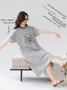 MiiOW | Váy ngủ cotton nguyên chất MiiOW mùa hè mỏng thoáng khí tay ngắn váy dài đến giữa bắp chân dễ thương ngọt ngào cho nữ mặc nhà