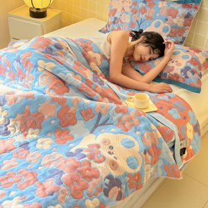 Pure Cotton Three-Layer Muslin Blanket Sofa Air Conditioning Nap Blanket Summer Lightweight Breathable Plant Floral Pattern