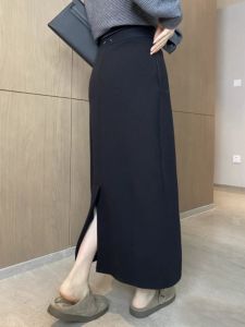 High Waist Black Asymmetrical Korean Style Womens Skirt Slimming Straight Cut Mid-Length Step-In Dressy Skirts for Autumn