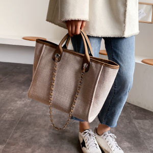 Trendy Canvas Shoulder Bag for Women Large Capacity Commuter Mom Bag Chain Strap Soft European Style Fashionable Tote Bag