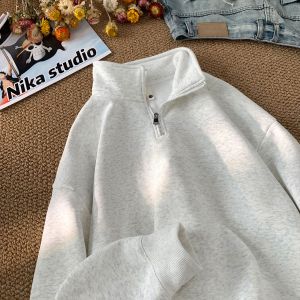 American Style Hooded Jacket Half Zipper Fleece Lined Thickened Stand Collar Mens Spring Autumn New Loose Casual Sweatshirt