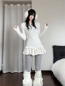 XIANGBAIWEI | Dot Lace Hem Long Sleeve T-Shirt for Women Autumn and Winter