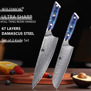 WILDMOK 2PCS Knife Set 67 Layers Damascus VG10 Steel Razor Sharp Blade Chef Santoku Knife Set with Resin Handle