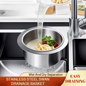 [Filter Residue/Anti-Clogging/Quick Drain] Swan Water Filter Basket 304 Stainless Steel Separate Wet Dry Easy Install Kitchen Vegetable Washing Sink Drain Basket Triangle Storage Water Filter Basket Shelf Kitchen Utensils