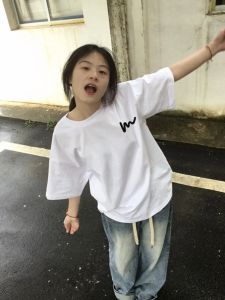 Pure Cotton American Retro Small Shoulder Short Sleeve T-Shirt Womens Summer Lazy Oversize Fashion Brand Half Sleeve Tops