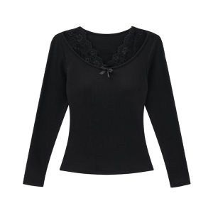 Slim Fit V-Neck Base Shirt with Chest Pad Elastic T-Shirt Casual Style Long Sleeve Polyester Spandex Blend Winter Wear for Women