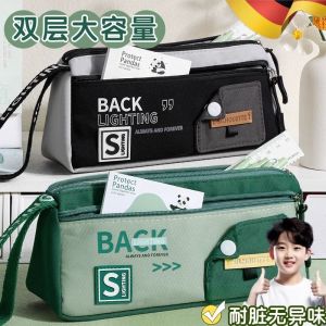 Boys Large Capacity Canvas Pencil Case Simple Design Durable Black Green Color Elementary And Middle School Student Supplies