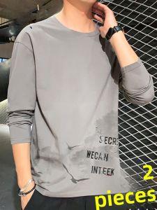 ROMON | Long Sleeve Pure Cotton T-Shirt Round Neck Printed Spring Autumn Style Mens Fashionable Comfortable Base Layer Shirt