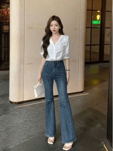 Thời Trang Mùa Hè Trắng Áo Sơ Mi Và Ống Rộng Quần Jean Bộ Hai Mảnh Thanh Lịch Phong Cách Trưởng Thành Nhẹ Trang Phục Hoàn Chỉnh Phổ Biến Năm Nay