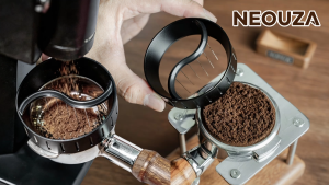 NEOUZA 51mm WDT Tool & Dosing Funnel 2-in-1 7 Concentric Rings Efficient Distribution for Clump-Free Extraction Snap-On Fit 304 Stainless Steel & Beech Wood Base
