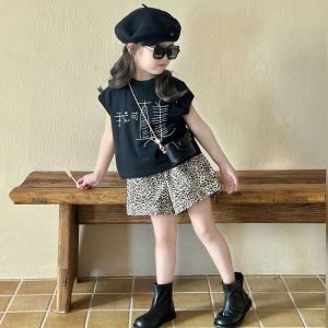 Girls Summer Outfit Leopard Print Sleeveless Top And Shorts Two Piece Set Trendy Child Clothing Korean Style Childrens Ensemble