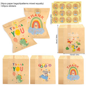 24 Bộ Túi Giấy Kraft Với Họa Tiết Khủng Long Cầu Vồng & Thiết Kế Dễ Thương Túi Quà Tặng Hoa Retro Cho Quà Sinh Nhật Kẹo Bánh Quy Đồ Dùng Tiệc Tùng