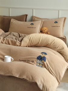 Winter Milk Velvet Bedding Set Pure Color 1.5m Duvet Cover Bed Sheet Bedding Three Piece Set Dormitory Style Cartoon Print