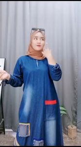 Ronia Maxy Dress Bahan Soft Jeans Baju Gamis Jeans Wanita Jumbo Kekinian Remaja Simpel Polos Terbaru
