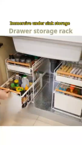 Bathroom Storage Rack With Pull-out Basket Layered Shelves Carbon Steel Under Sink Shelf Seasoning Bottle Kitchen Storage Racks