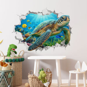 3D Sea Turtle Wall Decal Breakthrough Underwater Ocean Scene Peel and Stick Wall Sticker Removable Vinyl Art for Kids Bedroom