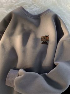 Thickened Fleece Mens Sweatshirt Casual Loose Style Inner Wear for Autumn Winter Printed Geometric Pattern round Neck Top