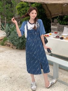 YINLUOYA | Summer New Womens Denim Halter Dress Loose College Style High Waist Fashion Letter Print Midi Skirt Casual Splice Ensemble