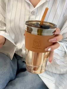 ZOWOKI Glass Tumblr Aesthetic Gelas Dengan Cup Sleeve Cupsleeve Botol Minum Gelas Kaca Tahan Panas Botol Minum Tumbler Sedotan