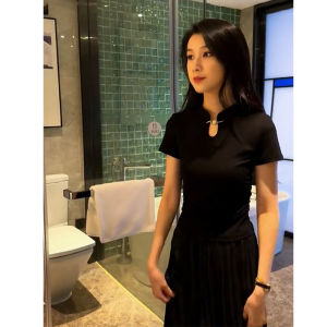 New Chinese Style Buckle Shoulder Short-Sleeved T-shirt Female Summer Stylish Niche Style National Style Retro Fashion Western Style Slim Fit Tops