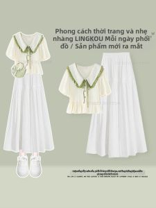 NUMEN BUTTON | Cultural Style Minimalist Doll Collar Outfit Slim A-Line Skirt