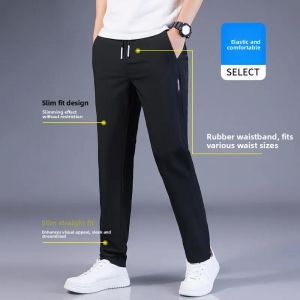 Ice Silk Mens Casual Pants Summer Breathable Thin Straight Leg Long Trousers Elastic Waist Loose Sports Pants Fashion Urban Style