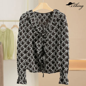 Áo Sơ Mi Dài Tay Cổ Chữ V Xếp Ly Dài 2025 Mùa Thu Mới Dành Cho Nữ Phong Cách Ngọt Ngào Dáng Rộng Thường Ngày Chất Liệu Polyester