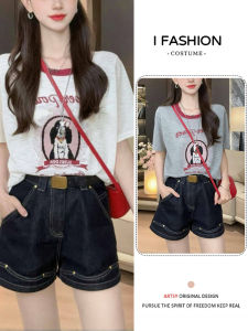 Shalldoer | Summer Fashionable Womens Short Sleeve T-Shirt And Denim Shorts Two-Piece Set Cute Age-Defying Outfit Round Neck Cotton Blend