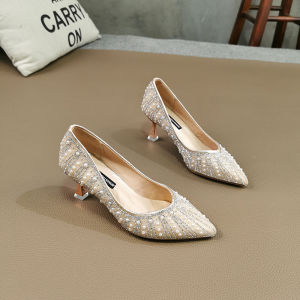 Fashionable Pearl High Heeled Shoes for Women Spring Season 2022 Style Sequined Cloth Sole Middle Heel Pointed Toe