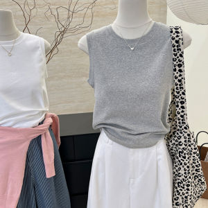 Summer 2025 Korean Style round Neck Slim Fit Short Tank Top Womens Sleeveless Strap Base Shirt Commute Style Solid Color