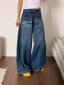 กางเกงยีนส์ทรงหลวมเอวสูงทรงเข็มขัดทรงเรโทรสำหรับผู้หญิง กางเกงขายาวทรงหลวมสีน้ำเงินเข้ม ฤดูใบไม้ร่วง 2025