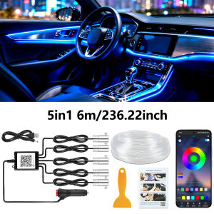 6 in1 LED Car Interior Ambient Strip Lights RGB Fiber Optic Atmosphere Light 12V App Remote Control Auto Decorative Lamps