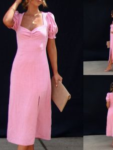 ชุดเดรสคอวีแขนสั้นทรงพอง กระโปรงทรงเอ ผ้าโพลีเอสเตอร์ สีพื้น กระโปรงสั้น ชุดทำงาน ฤดูใบไม้ผลิและฤดูร้อน