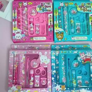10pcs Cute Cartoon School Stationery Set for Kids Pencil Case Pencils Ruler Supplies Gift Box