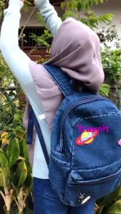 Backpack Jeans - Travolt - Space Patch BORDIR  - Tas Ransel Laptop - gemblok - Biru Dongker - Navy Blue