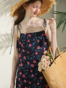 Miccbeirn | Miccbeirn Pure Linen Vintage Print Artistic Holiday Style Strap Dress Sweet Girl Gentle Feeling Long Dress Fairy Skirt Summer