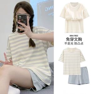 ชุดนอนพร้อมแผ่นรองหน้าอกสำหรับผู้หญิงชุดกันโป๊แขนสั้นผ้าฝ้ายแท้ใส่ช่วงฤดูร้อนสำหรับนักเรียนต้นอายุ10-15ปีชุดใส่ในบ้าน