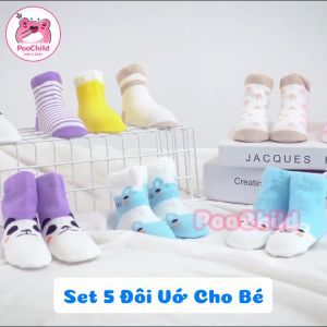 Vớ cho bé sơ sinh đến 1 tuổi PooChild set 5 đôi tất cổ thấp dễ thương dày đẹp cho bé phong cách Hàn Quốc