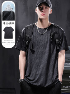 เสื้อยืดแขนสั้นผ้าไหมน้ำแข็งสำหรับผู้ชาย ฤดูร้อน บาง ลำลอง ยืดหยุ่น แห้งเร็ว ไซส์ใหญ่ เอวใหญ่ ยืดหยุ่น แฟชั่น